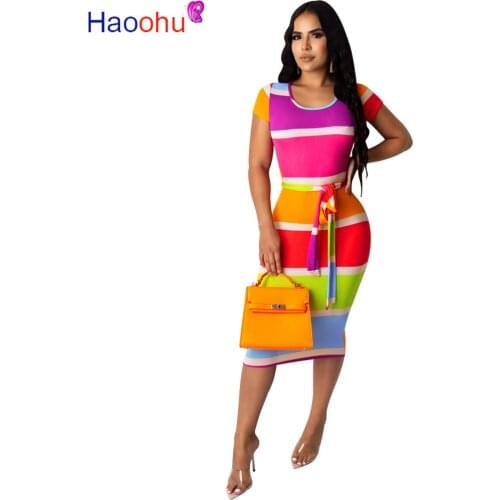 HAOOHU women rainbow striped short sleeve o-neck with sashes high waist bodycon midi dress cut out sexy party pencil dresses