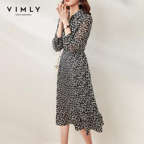 Vimly Spring Pleated Dress For Women Fashion Floarl Print Single Breasted High Wasit Loose Elegant Shirts Dresses F6331