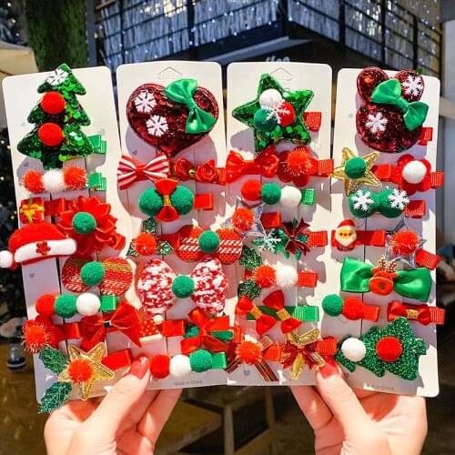10Pcs/Set Girls Cute Christmas Tree Bow Hairball Hairpins Kids Sweet Headband Hair Clip Barrettes Fashion Hair Accessories