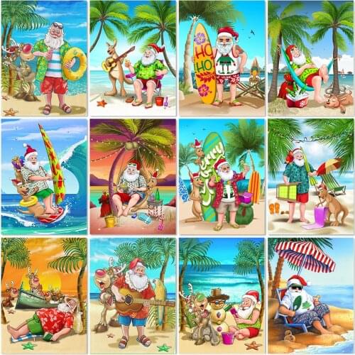 Full 5D Diamond Painting Cartoon Santa Claus Diamond Embroidery Beach Mosaic Landscape Seaside Rhinestone Decor Christmas Gift