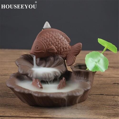 HOUSEEYOU Fish Lotus Decor Backflow Incense Burner Stick Waterfall Incense Holder Aromatherapy Censer Stand New Year Gifts