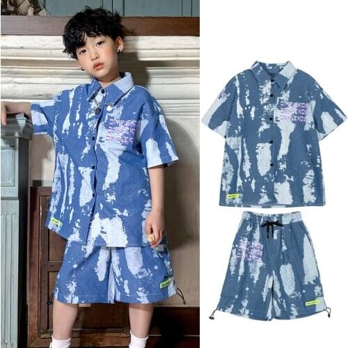 New Denim Shirt Suit Summer Handsome Children Hip Hop Dance Clothes For Kids Boys Jazz Practice Clothes Stage Outfits DQS7588
