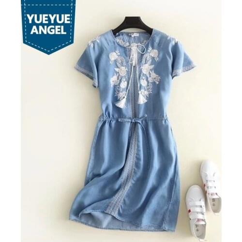 O-Neck Embroidery Drawstring Jeans Dress Summer New Short Sleeve Casual Denim Dress Girl Retro Blue Slim Fit Midi Dress