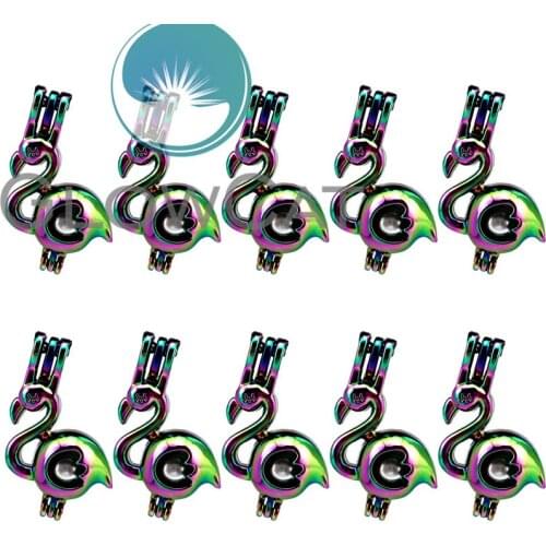 GLOWCAT 10x C655 Rainbow Colors Flamingos Beads Cage Jewelry Making Perfume Essential Oil Diffuser Pearl Cage Locket Pendant