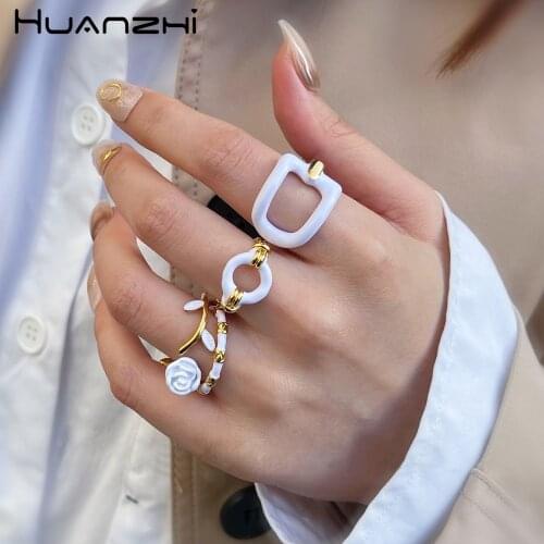 HUANZHI 2021 French Retro Rose Flower White Drop Oil Enamel Plated Simple Geometric Ring for Women Girls Party Jewelry Gifts