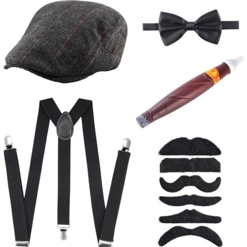 Jovivi 1920s Mens Gatsby Gangster Costume Accessories Set Retro Beret Hat Suspender Bow Tie Fake Mustache Cigar