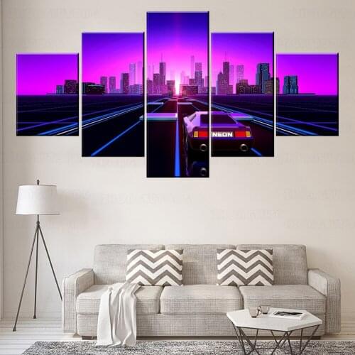 Canvas Painting Framework Home Decoration HD Print 5 Piece Wall Art City Neon Pink Retro Car Wave Road Modular Pictures Artwork