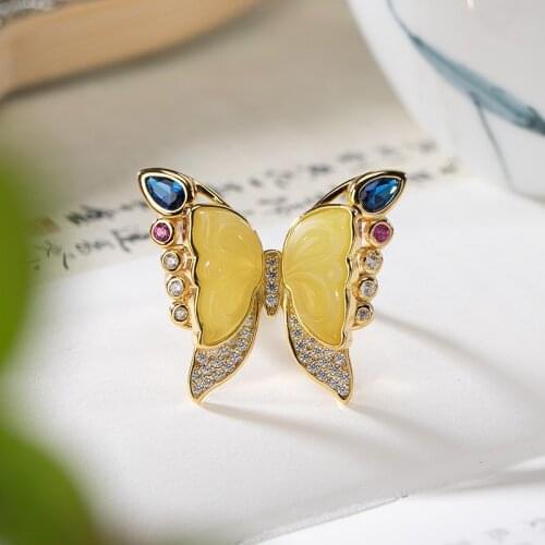 New 100% Pure S925 silver gold-plated natural beeswax ring, light luxury personalized butterfly Woman Ring adjusted