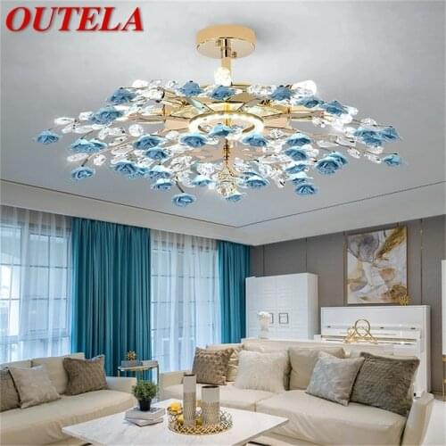 OUTELA Creative Chandeliers Light Crystal Pendant Lamp Blue Flower Branch Home LED Fixture for Living Dining Room
