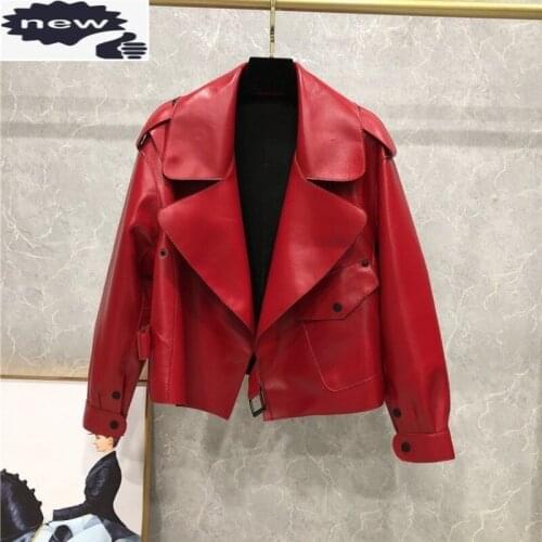 Women Genuine Leather Short Jackets High Street 2021 Fashion Female Pockets Loose Fit Vintage Sheepskin Motorcycle Jacket Coat