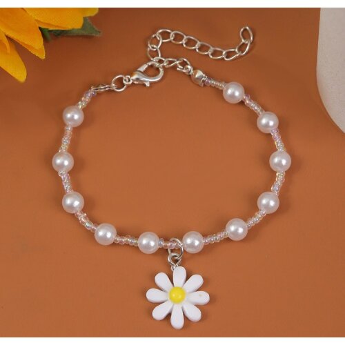 Trendy Womens White Pearl Transparent Glass Beads Separate Handmade Beaded Charm Bracelets Cute Flower Pendant Bracelet Gifts