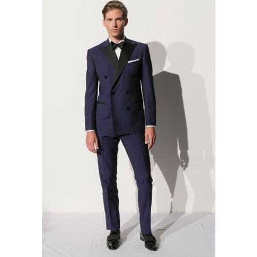 Peaked Lapel Double Breasted Suits Men Suits Navy Bule Fashion Tuxedos Formal Office Business Terno SlimFit (Jacket+Pant+Bowtie)