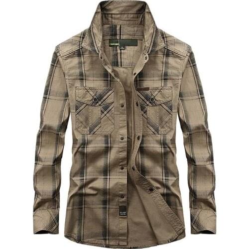New Brand Mens Shirts Long Sleeve High Quality Cotton Military Style Casual Blouse Plaid Big Size M-5XL