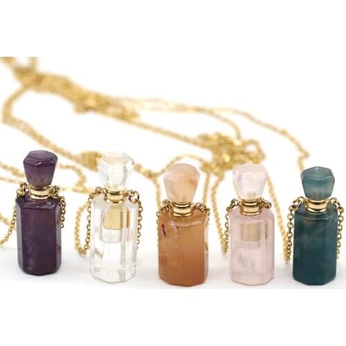 Natural Stone Amethyst Fluorite Necklace Stylish Irregular Perfume Bottle Pendant Glamorous Jewelry for Men Women Party 15x38mm