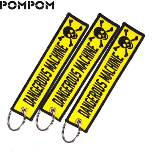 POMPOM Dangous Warning Machine Skull Keychain for Factory cars and Motorcycle Key Tags Embroidery Yelloew Danger Keychain 3pcs