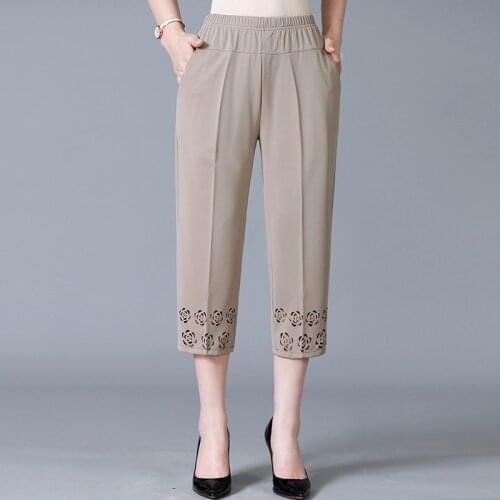 Casual Hollow Out Mom Straight Pants Midd Aged Women 2021 New Summer Loose Elastic High Waist Vintage Female Capris