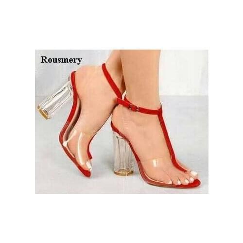 Spring New Fashion Women Open Toe PVC Transparent Thick Heel Sandal Red Black Ankle Strap High Heel Sandals Dress Shoes