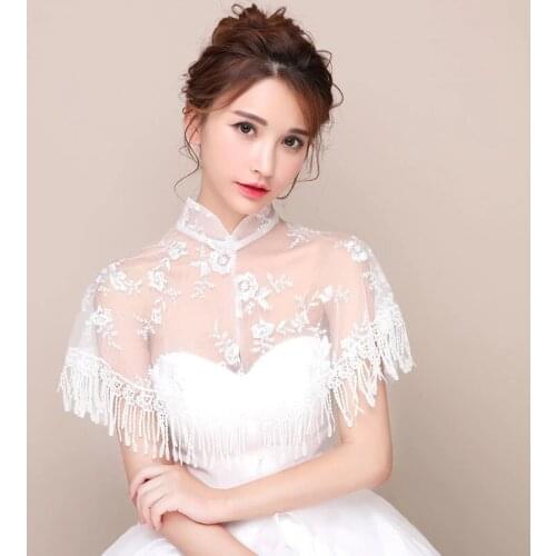 Wedding Shawl White Black Lace Short Bridal Cloak Tassel Embroidered High V-neck Cape for Elegant Bridal Wedding Cape 2021