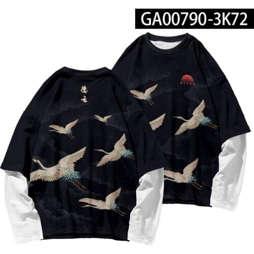 Men Teens Crane Print Sweatshirt Round Neck Pullover Hip Hop Tops Couple Casual Fake Two Pieces Long Sleeve T-shirt