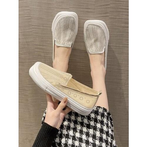 Spring And Summer New Fashion Square Toe Exquisite Rhinestone Flat Shoes Wild Mesh Breathable Casual Womens Shoes