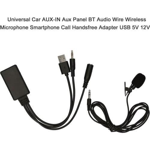 Universal Car AUX-IN Aux Panel BT Audio Wire Wireless Microphone Smartphone Call Handsfree Adapter USB 5V 12V
