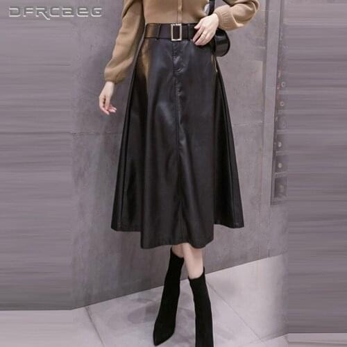 Trend Fashion High Waist PU Leather A-Line Skirt Woman 2021 Autumn Winter Casual Big Swing Long Skirt Female Black Brown