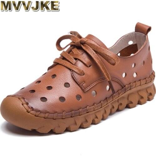 MVVJKE Spring Summer Hollow Out Women Genuine Leather Shoes Lace-Up Flats Handmade Shoes Loafers Mocassin Flat Womens ShoesE185
