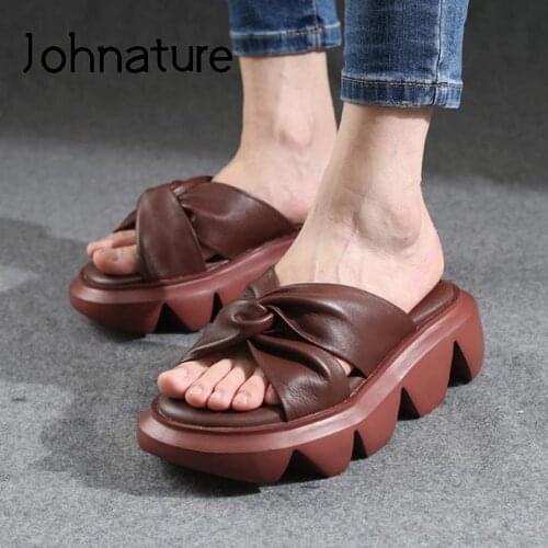 Johnature Genuine Leather Summer Shoes Women Slippers Wedges Outside Slides Leisure 2021 New Handmade Concise Ladies Slippers