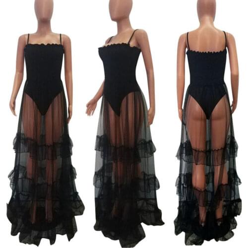 Women Sexy Spaghetti Strap Solid Mesh Perspective Ruffled Clubwear Party Dress Summer Ladies Sundress