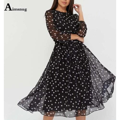 Ladies Elegant Dot Print Sweet Dress For Women Long Sleeve Party Dress Latest Summer Chiffon Knee-Length Dresses Femme Clothes