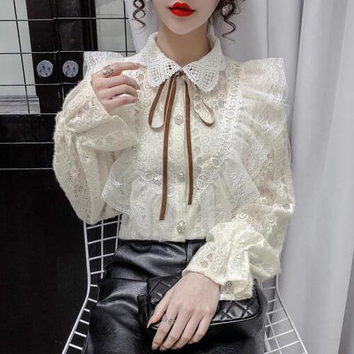 2021 New Spring Autumn Women Button Peter Pan Collar Shirts Ladies Fashion Lace Hollow Out Blusas Feminine Tops and Blouses B02