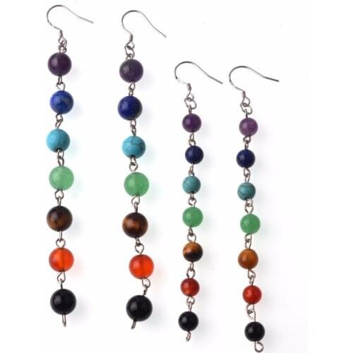 2021 Popular 7 Chakra Earrings 6-8 Round Beads natural Rainbow Stones Ear rings for Women and Girls