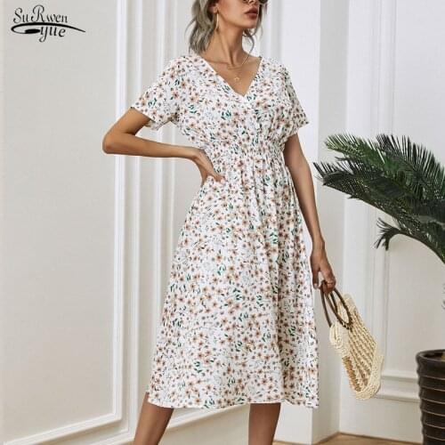 2021 Casual V-neck Short Sleeve A-line Women Midi Dresses White Floral Printing Summer New Chiffon Beach Dress Vestidos 14872
