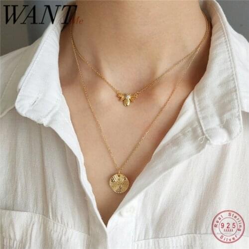 WANTME Fine Animal Jewelry Bee Honeycomb Chain Pendant Necklace for Women Genuine 925 Sterling Silver Punk Accessories Gift 2020