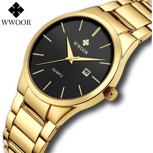 WWOOR 2021 Luxury Men Gold Black Watch Business Sports Quartz Stainless Steel Calendar Waterproof Wristwatches Relogio Masculino