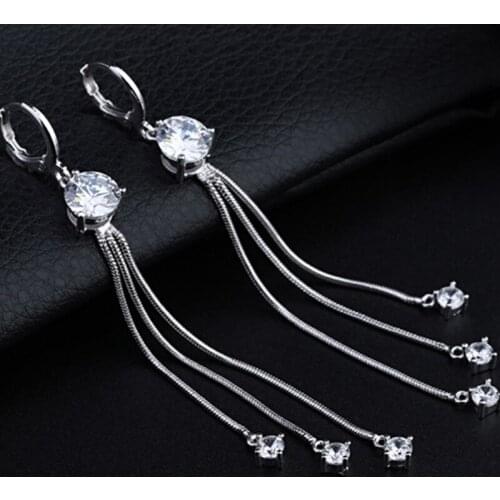 Utimtree Long Tassel Earrings Silver Sterling 925 Fashion Wedding Drop Earring for Women Austrian Crystal Dangle Brincos Jewelry