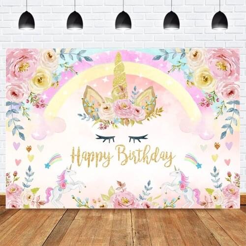 Unicorn Birthday Photography Backdrop Rainbow Newborn Children Birthday Portrait Background Photocall Watercolor Spring Flowers