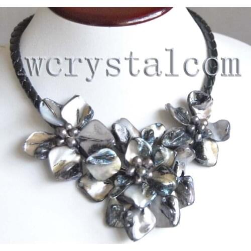 Nice Black Baroque Shell Cultured Pearl Three Flower Bloom Necklace
