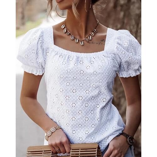 Summer Women Plain Bow Tied Back T-Shirt 2021 Femme Casual Puffy Sleeve Kawaii Tunics Office Lady Blouse New Clothing traf