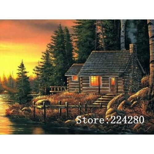 Lakeside Hut Forest Scenery Needlework 14ct White Canvas Unprinted Handmade Embroidery Cross Stitch Kits Set DIY Home Decor