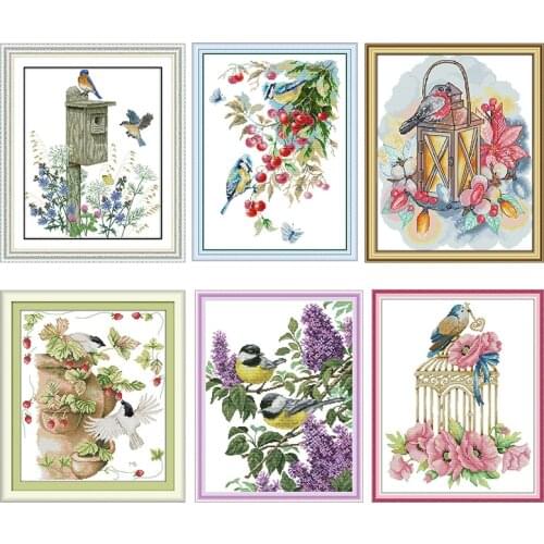 Joy Sunday Embroidery Needlework Thread Gifts Cross Stitch Kits Stamped Two Birds 11CT 14CT Printed Counted Fabric Handmade Sets