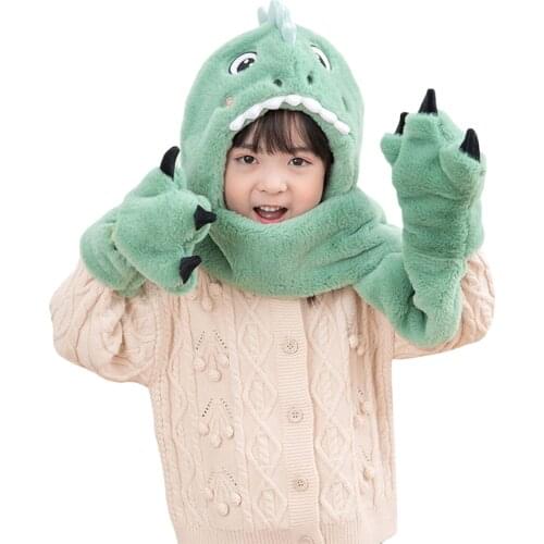 FOCUSNORM 6 Colors Kids Girls Winter Hat Scarf Set Cartoon Dinosaur Shaped Hooded Scarf with Gloves