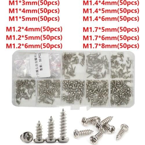 M1-M1.7 Screws Set 304 Stainless Steel Phillips Round Head Self Tapping Screw Metric Thread Cross Round Head Bolt Assortment Kit