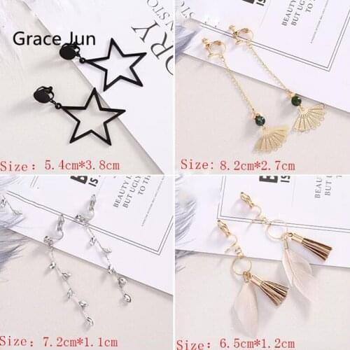 Korea Style Trendy Long Clip on Earrings Non Pierced for Girl Charm Cute Star Heart Leaf Sector Bowknot Hear Cuff Earrings New