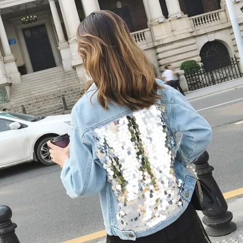 Loose Cowboy Sequins Outwear Women Wash Long Sleeve Vintage Casual Jean Jacket Denim Coat Single Breasted Overcoat Plus Size 5xl