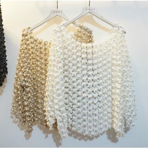 Women Luxury Pearls Hollow Out Blouse Gold Lurex Lace Beading Embroidery Shirts Flare Sleeve Elegant Blusa Cardigan Crop Tops