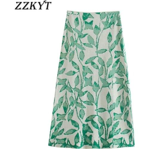 ZZKYT 2021 Women Summer Vintage Print High Waist Knitted Midi Skirt Fashion Zipper Streetwear Ladies Skirts Casual Chic Vestidos