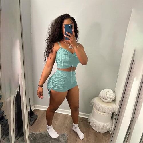 2021 High Quality New Design 2 pcs Women Set Solid Bandage Spaghetti Strap Short Tops And Shorts Summer Casual Outfits