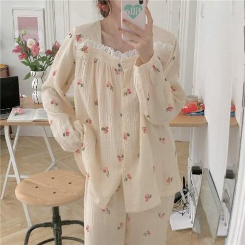 Women pajama set spring autumn 100% cotton cherry homewear 2 piece set lacework apricot long sleeve pijamas suit sleepwear L559