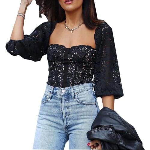 Women Crop Top Off Shoulder Tops, Elegant Floral Lace Slim Blouse Casual Long Sleeve Shirts